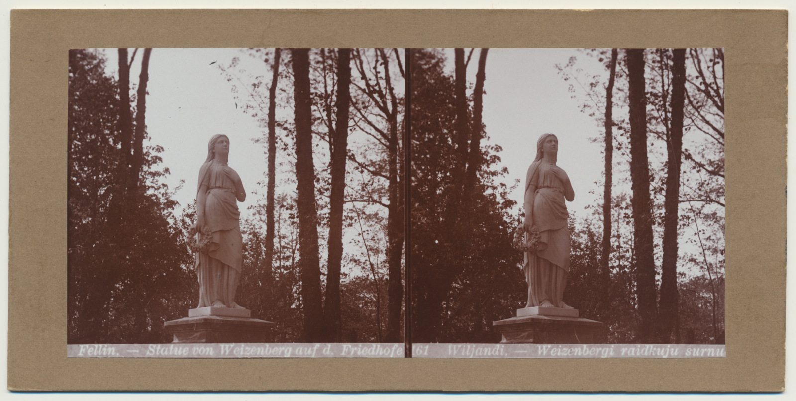 stereofoto, Viljandi, Vana kalmistu, hauasammas  Lootus (Naine lillepärjaga), u 1905