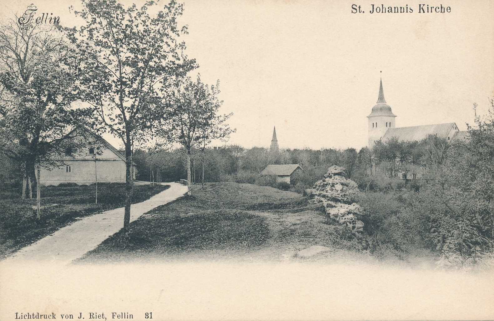trükipostkaart, Viljandi, I Kirsimägi, ait, eemal Jaani kirik u 1905 F J.Riet