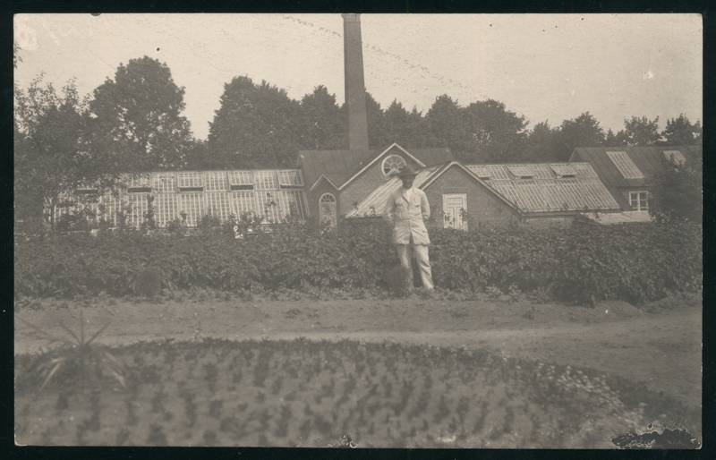 fotopostkaart, Suure-Jaani khk, Olustvere Põllutöö Keskkooli kasvuhooned, keskel mees, u 1925