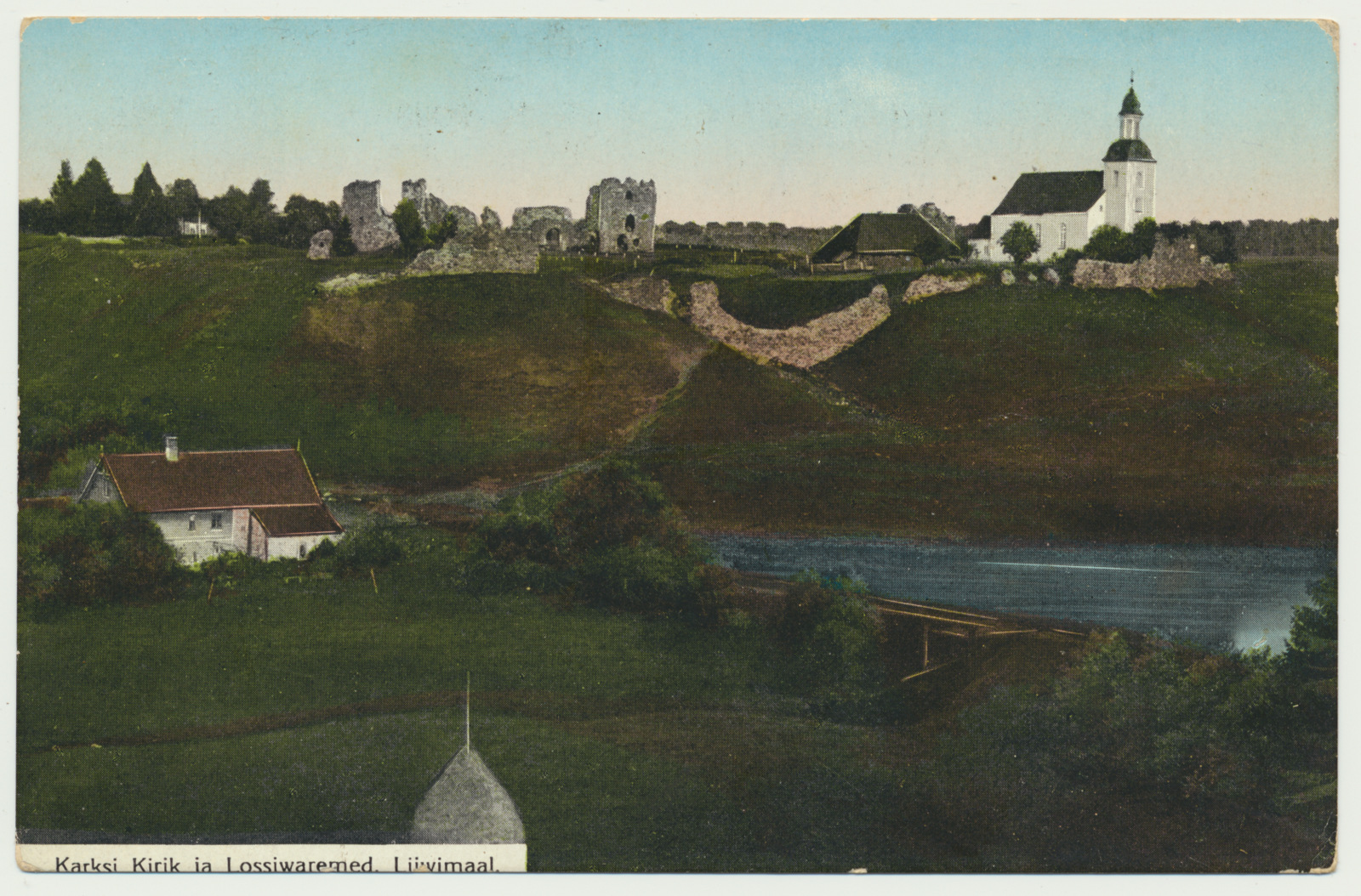 trükipostkaart, koloreeritud, Viljandimaa, Karksi ürgorg, lossivaremed, kirik, u 1910