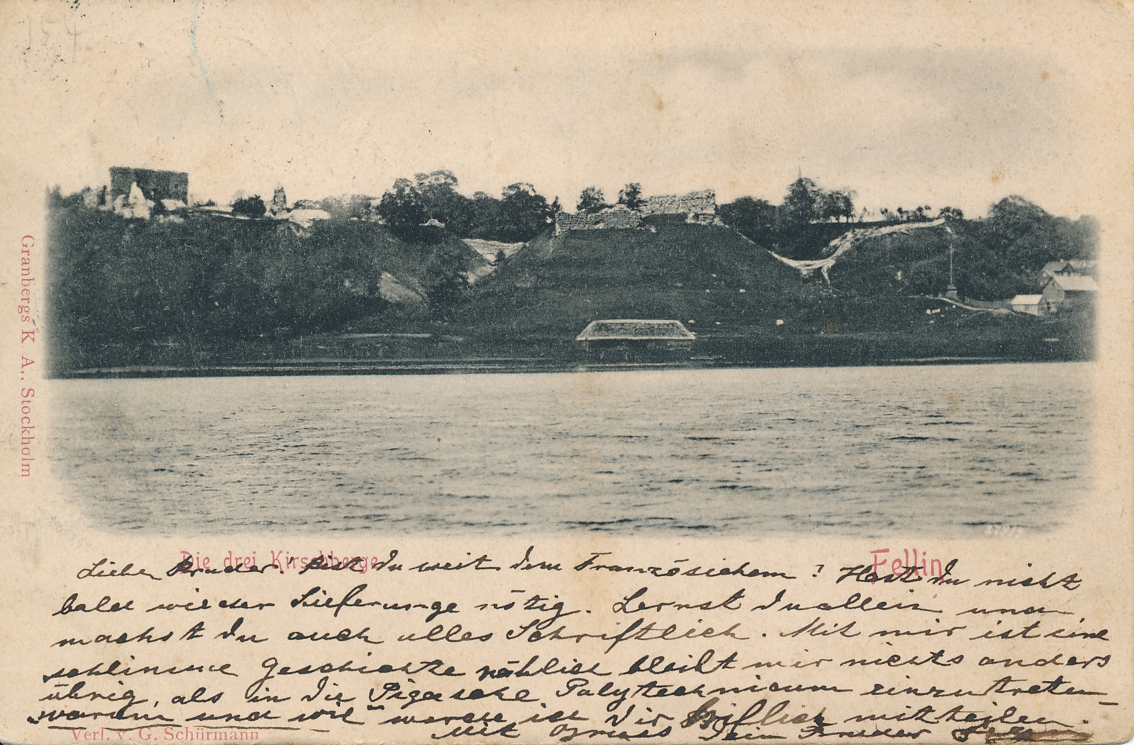 trükipostkaart, Viljandi, Lossimäed, vaade järvelt, u 1900, kirjastaja G. Schürmann