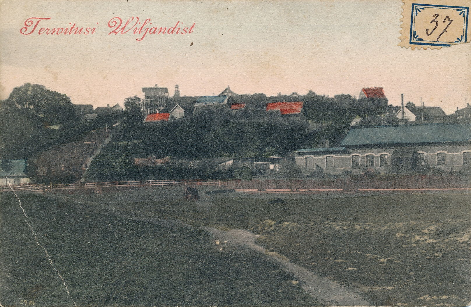 trükipostkaart, Viljandi, järveäärne, tapamaja, Trepimägi u 1908 koloreeritud