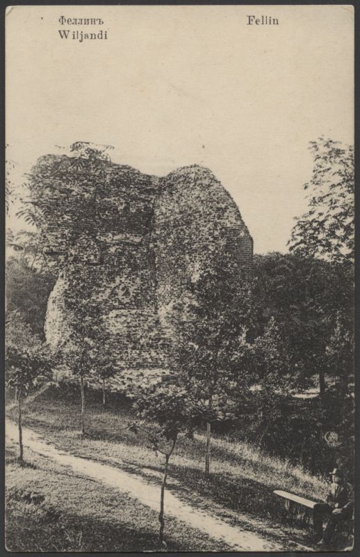 trükipostkaart, Viljandi, Kaevumägi, värav, pink, mees, u 1905