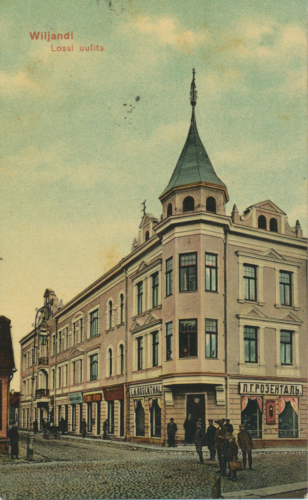 koloreeritud trükipostkaart, Viljandi, Lossi ja Tartu tn nurk, E.Pohli maja, u 1909