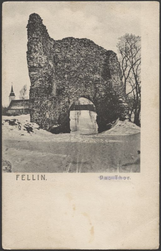 trükipostkaart, Viljandi, Kaevumägi, värav, Jaani kiriku torn, aida katus, talv, u 1905, Verlag A. Tõllasepp