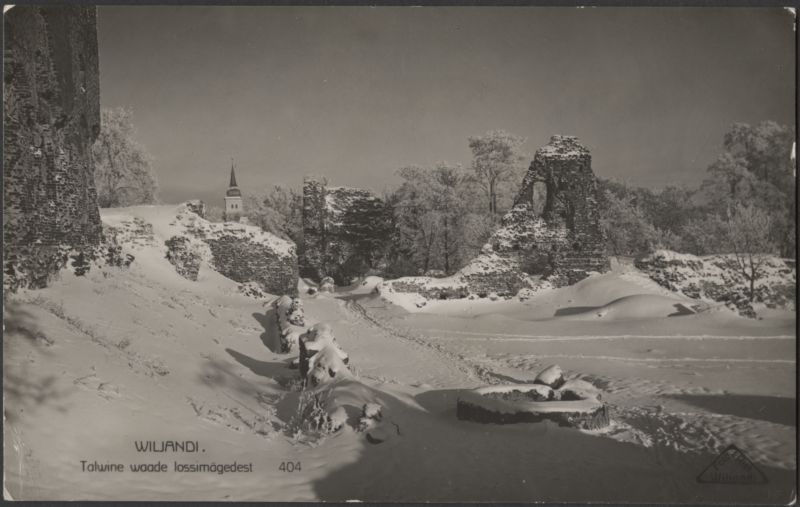 fotopostkaart, Viljandi, Kaevumägi, kaev, Mungamüür, värav, Jaani kiriku torn, talv, u 1925, foto J. Riet