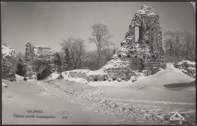 fotopostkaart, Viljandi, Kaevumägi, Mungamüür, värav, talv, u 1925, foto J. Riet