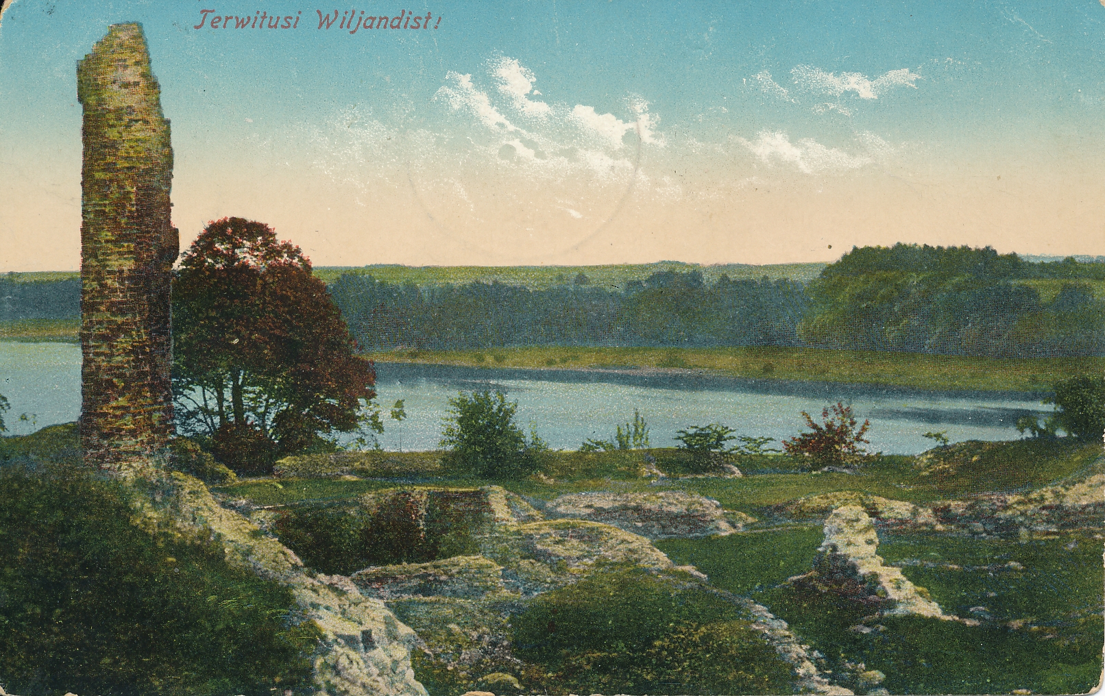 trükipostkaart, Viljandi, lossimäed - Kaevumägi, järv u 1910, koloreeritud