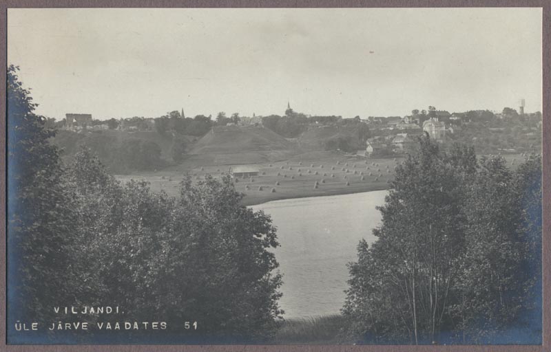 foto albumis, Viljandi, järv, heinamaa, linn (lossimäed), 1913, foto J. Riet