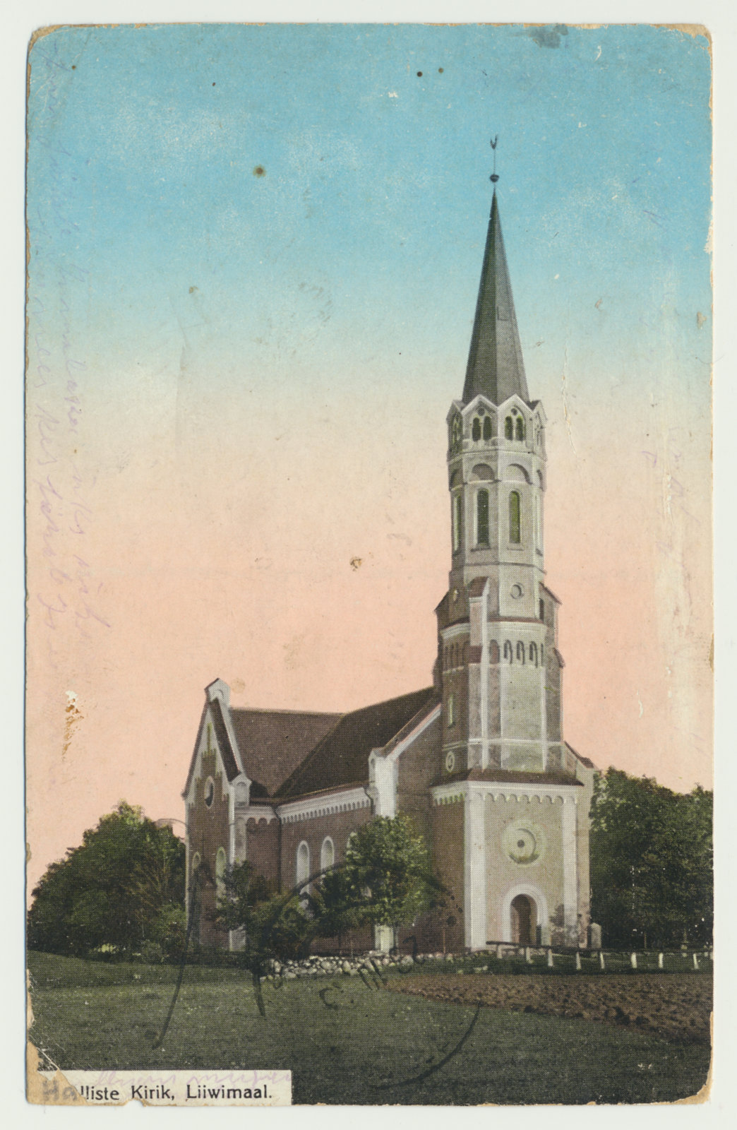 trükipostkaart, koloreeritud, Halliste khk, Halliste kirik, u 1910