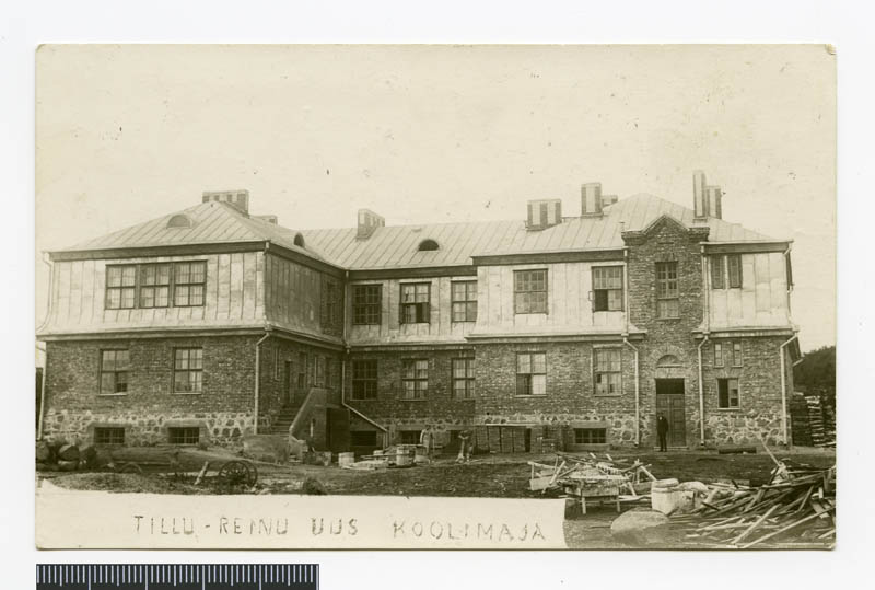 fotopostkaart, Suure-Jaani khk, Tääksi, Tillu Reinu uus koolimaja, ehituse lõpp, u 1931 foto Oskar Kivisild