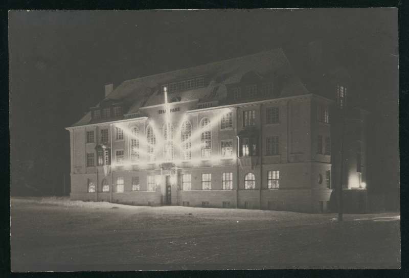 fotopostkaart, Viljandi, Eesti Panga Viljandi osakonne hoone, kaunistused, tuled, 24.02.1928