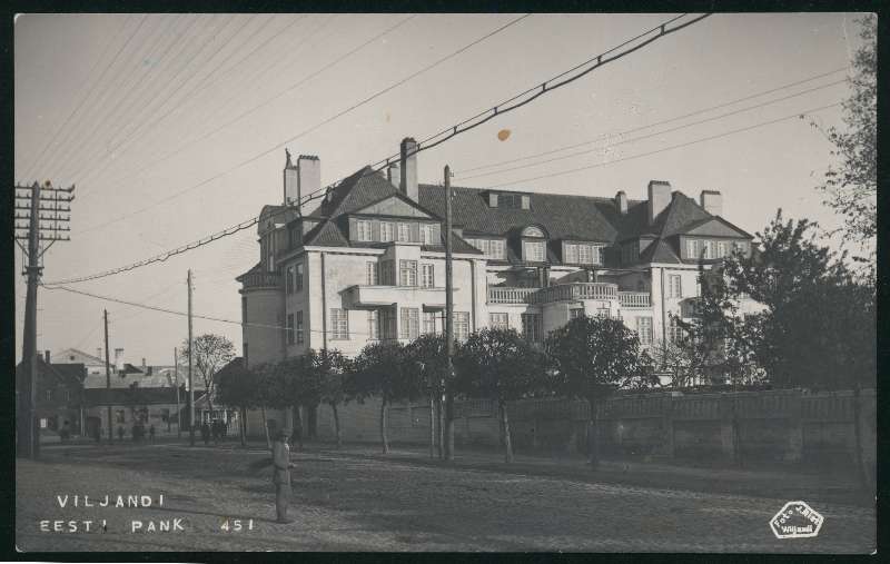 fotopostkaart, Viljandi, Eesti Panga Viljandi osakonna hoone, tagant, 1929, foto J. Riet