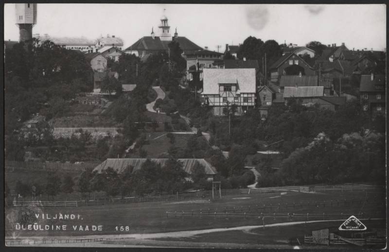 fotopostkaart, Viljandi, Trepimägi, järve poolt, 2 villat, raekoda, veetorn, u 1915, foto J. Riet