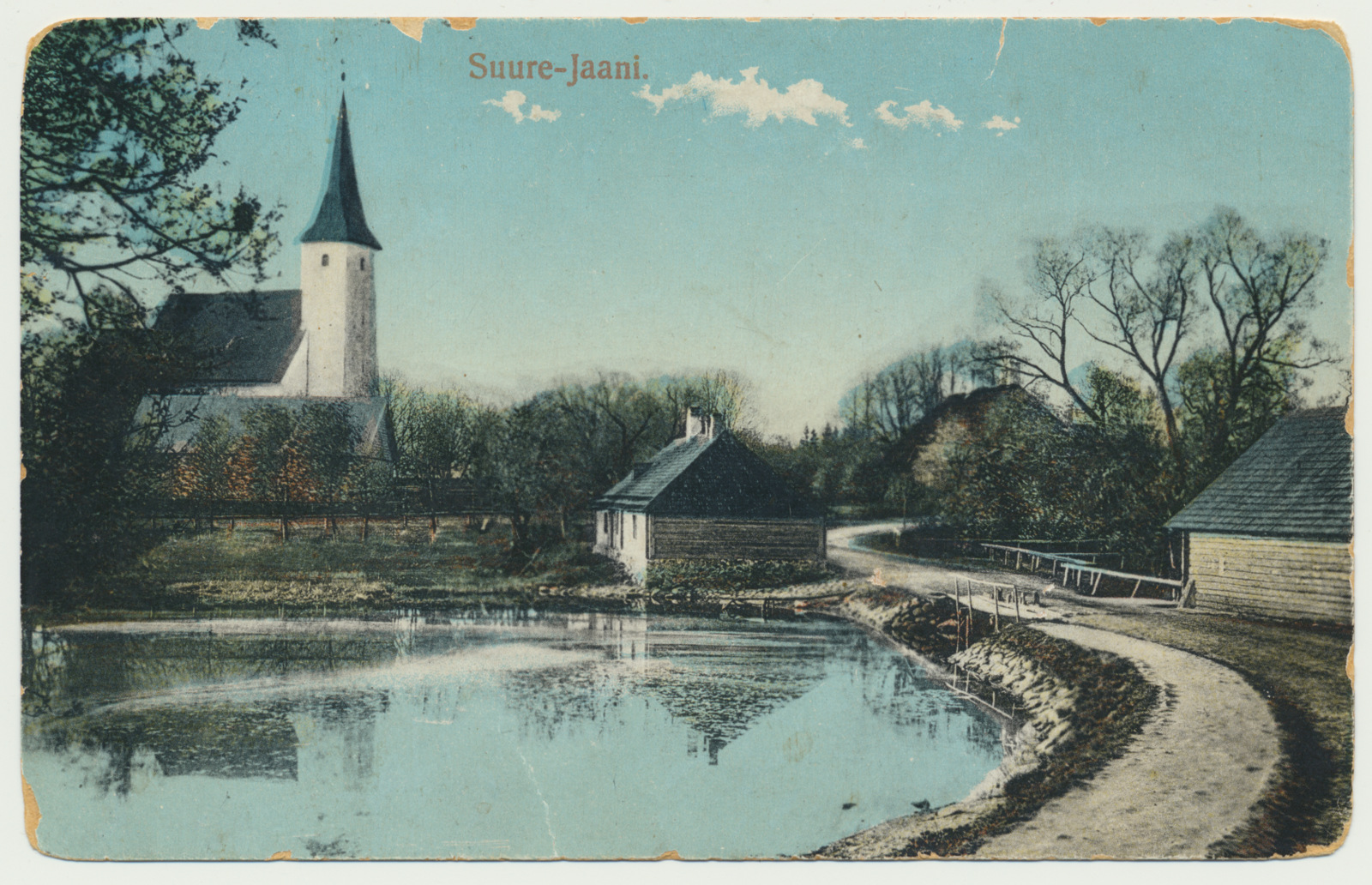 trükipostkaart, koloreeritud, Viljandimaa, Suure-Jaani, kirik, järv, köstrimaja, u 1910, kirjastaja J. Litter