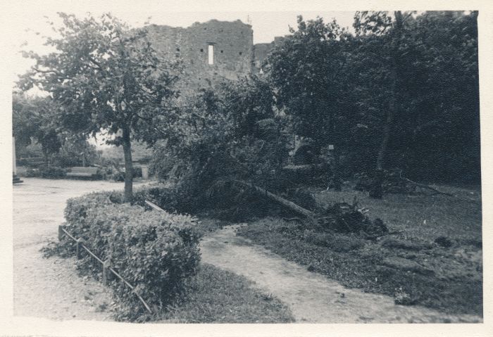 Foto. Vaade Haapsalu linnuse sissekäigu kõrval asuvale haljasalale pärast tormi. 7. aug. 1967. Fotogr. R. Kalk.