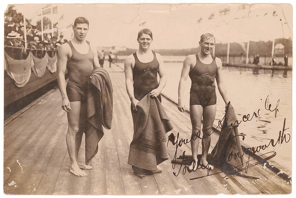 Harold Hardwick, William Longworth and [is Australian Leslie Boardman or Malcom Champion of New Zealand, right], Stockholm Olympics, 1912 / unknown photographer