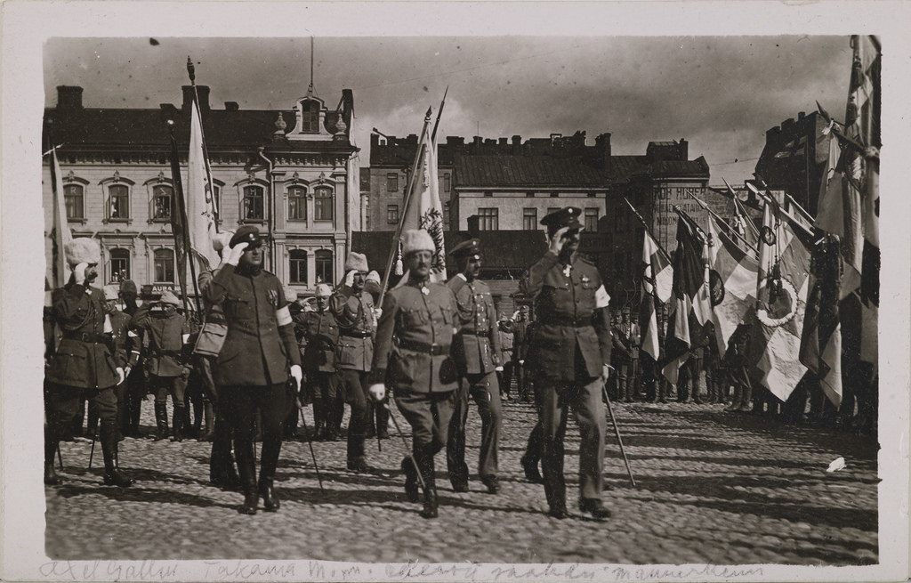 Akseli Gallen-Kallela and General Carl Gustaf Mannerheim during a White Guard parade at the Helsinki Railway Square 1919, 1919