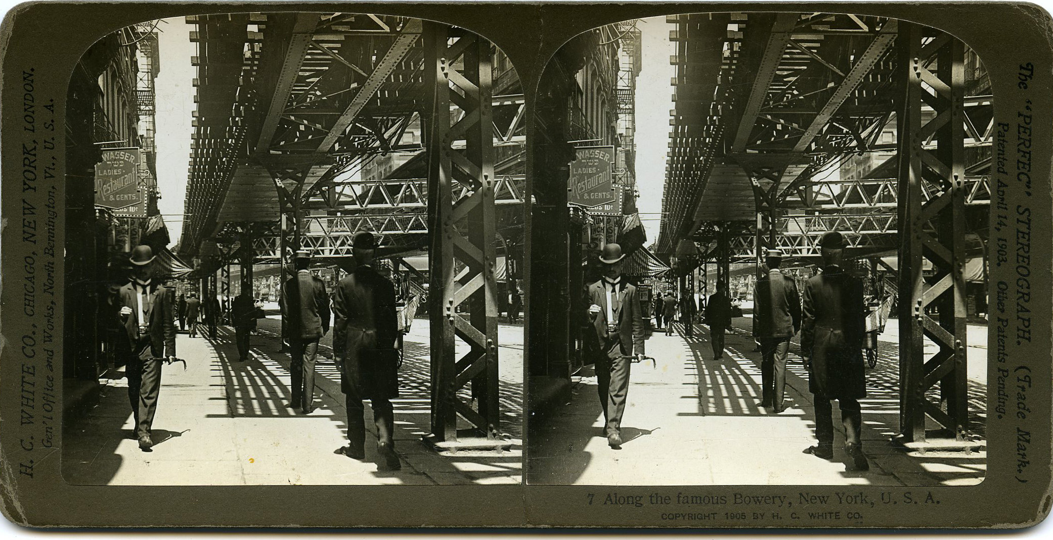 The topic of Stereoscope is men on the Bowery Street.