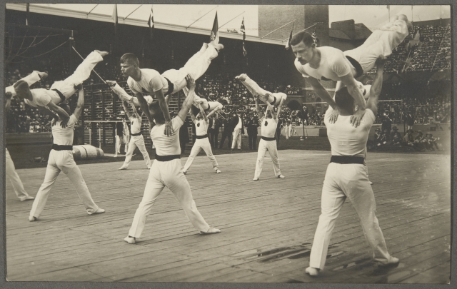 Finnish team winning silver in the free system competition at the Stockholm Olympics