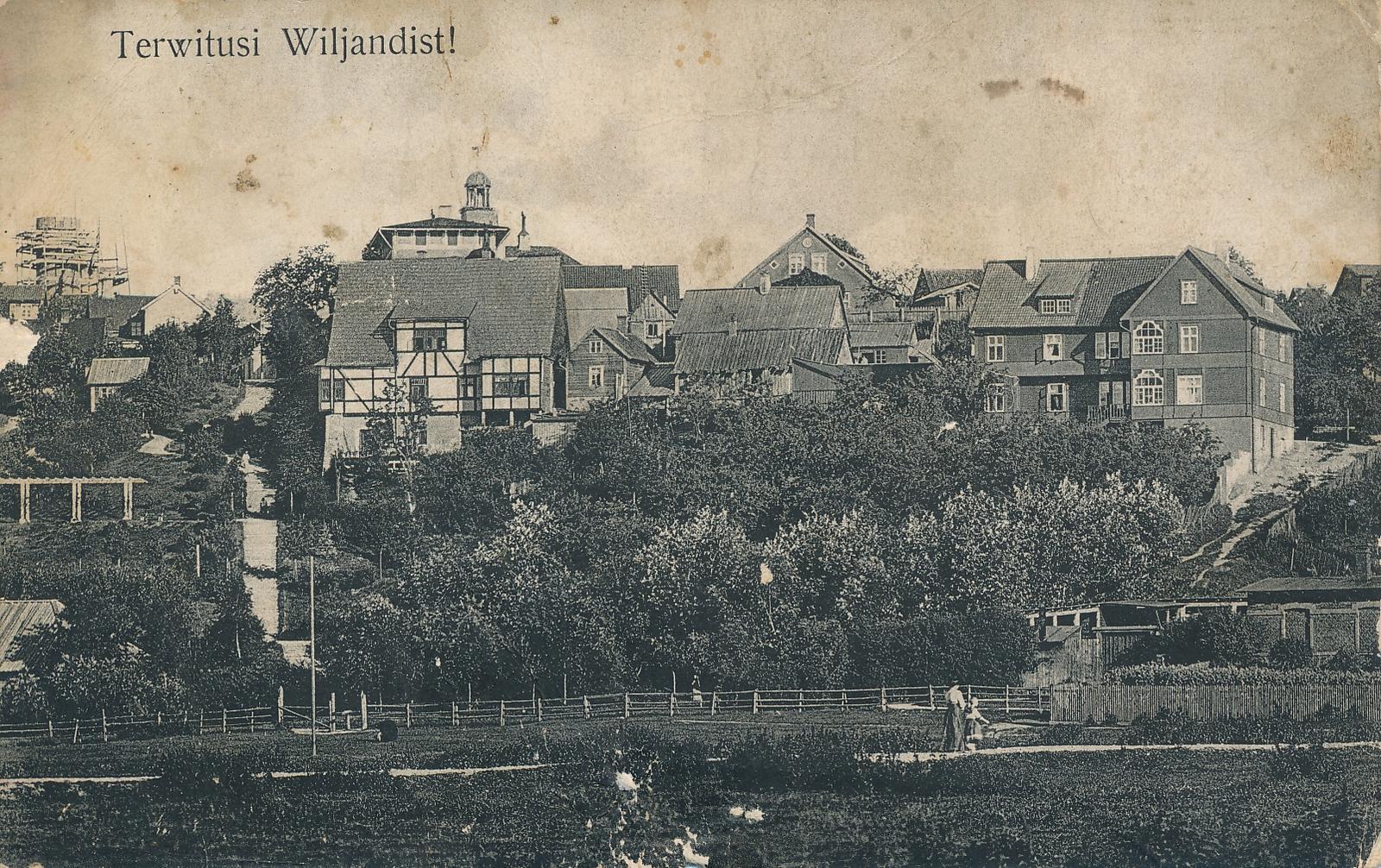 trükipostkaart, Viljandi, Trepimägi, Roosi tn majad, veetorni ehitus, 1911