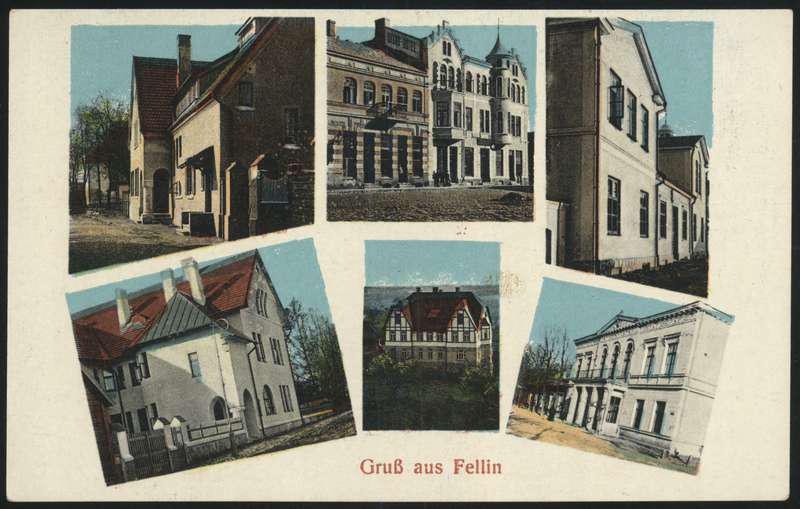 trükipostkaart, Viljandi, 6 vaadet, Dolle maja, Grand Hotel, tütarlastekool, majad (Gabler, Rosenberg, Loviese), koloreeritud, u 1915, Verlag E. Ring (Fellin)