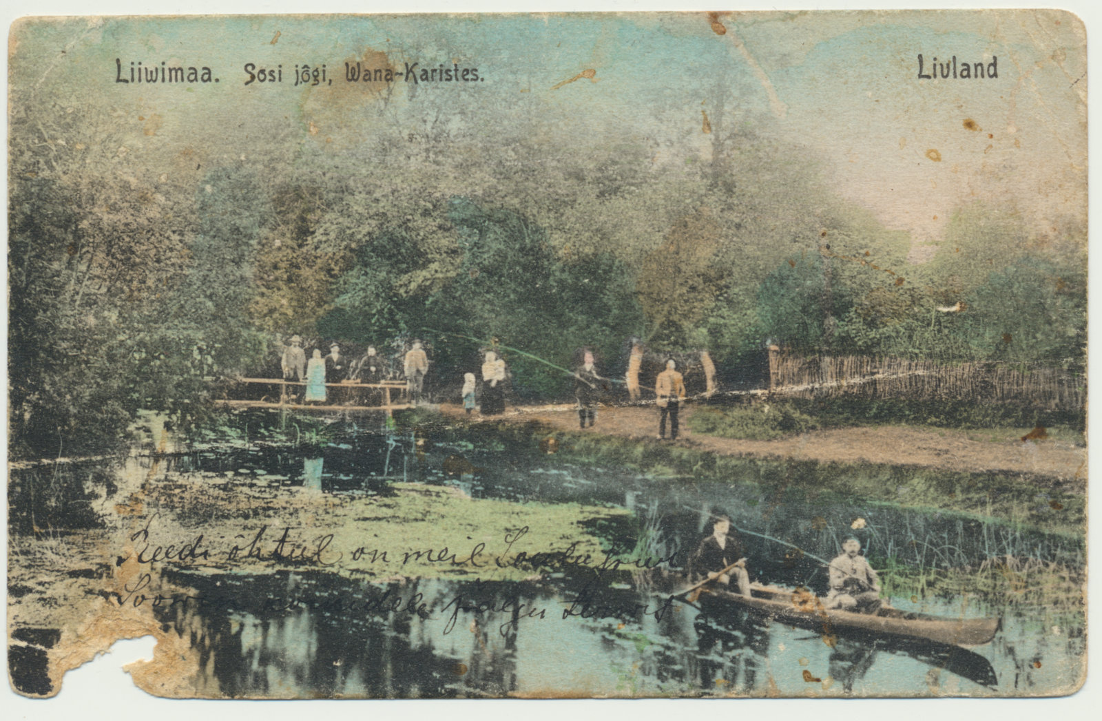 trükipostkaart, Vana-Kariste, Sosi jõgi u 1910, koloreeritud