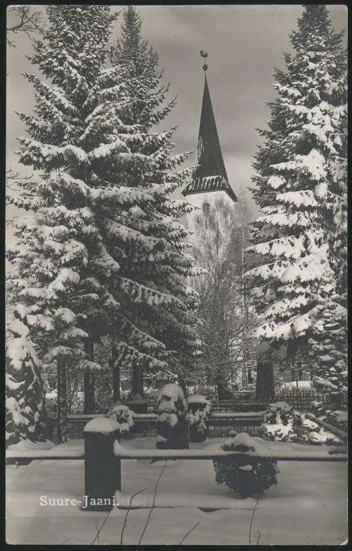 fotopostkaart, Suure-Jaani khk, Suure-Jaani surnuaed, kirik, talv, u 1939, foto Joh. Gregor, Navesti