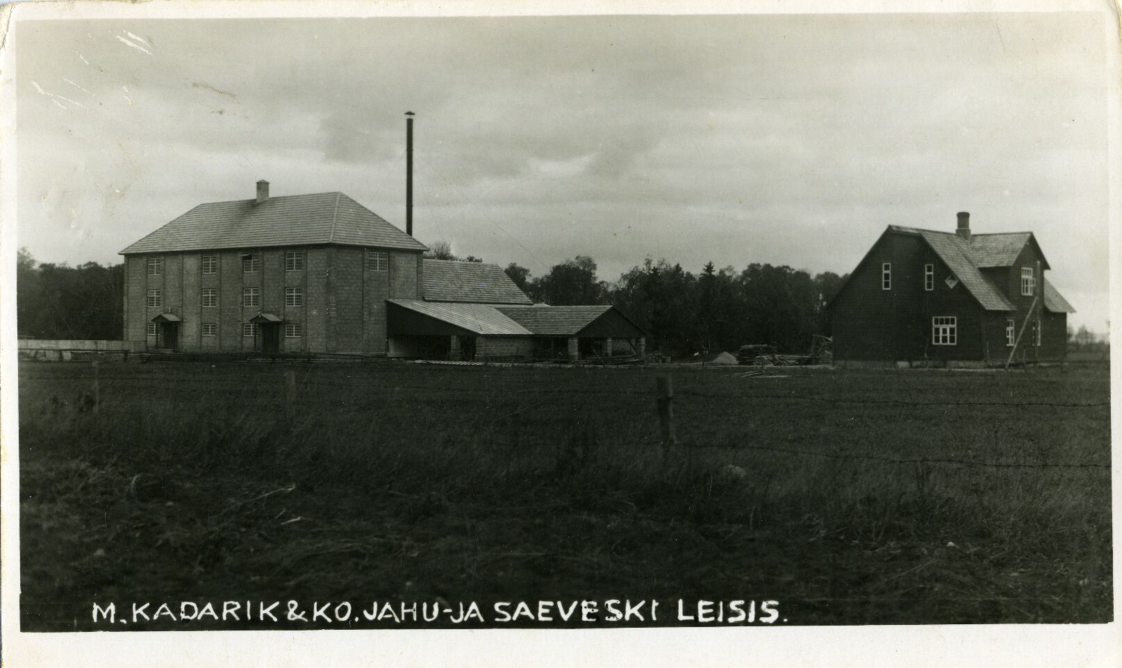 Kadarik ja Co sae- ja jahuveski Leisis; vaade eemalt, paremal elumaja