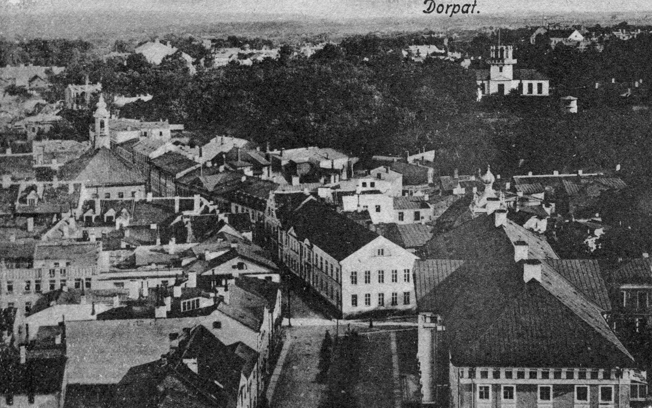 Vaade Jaani kiriku tornist: esiplaanil Jaani t (Ülikooli t).  Ees paremal ülikooli peahoone, kaugemal taga tähetorn. Tartu, 1920-1930.