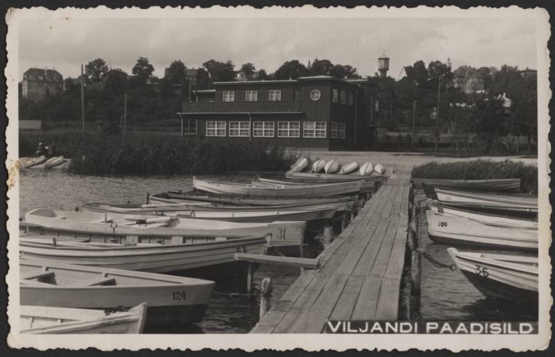 fotopostkaart, Viljandi, järv, paadisild, spordiklubi-kasiino (ka rannakasiino, avati mai 1938), u 1939, foto M. Teng?