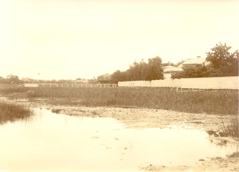 Foto. Aafrika kallas Haapsalus. Esiplaanil kaldaäärne roostik kahe paadisillaga ja Matwey villa. u. 1895.