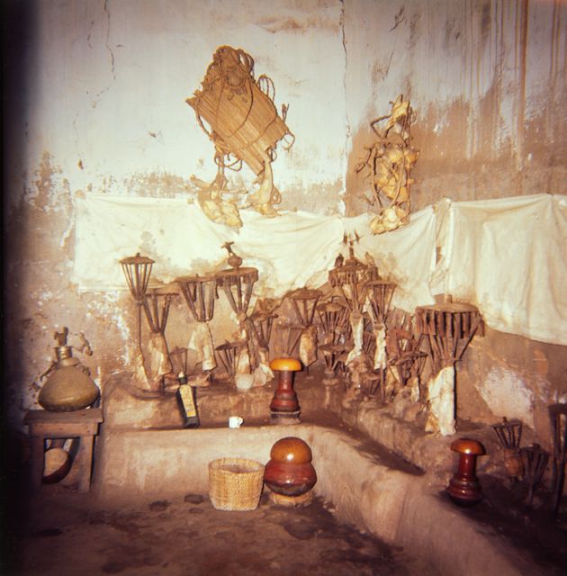 Ritual objects with altars; interior picture of installations in altar room (deho)