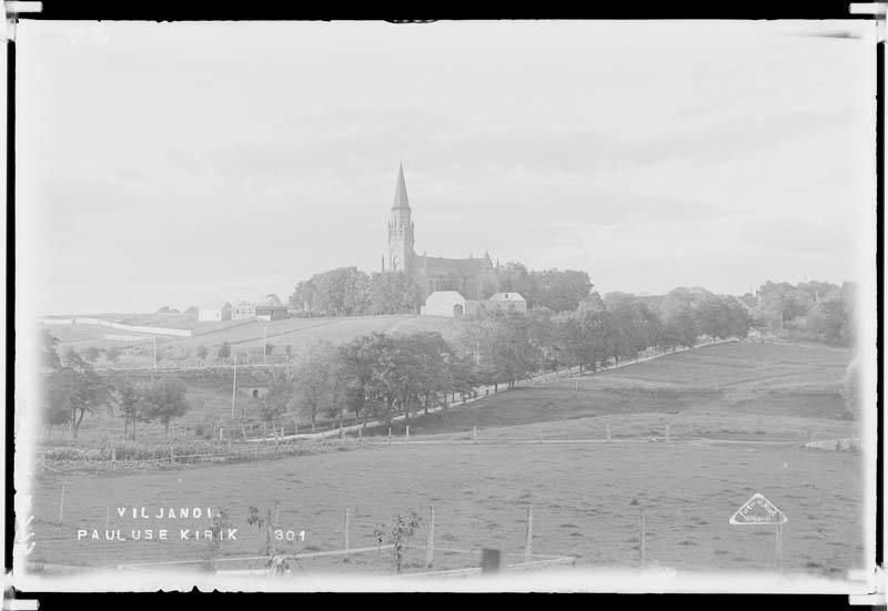 fotonegatiiv, Viljandi, Pauluse kirik, Vaksali tee u 1925, foto J. Riet