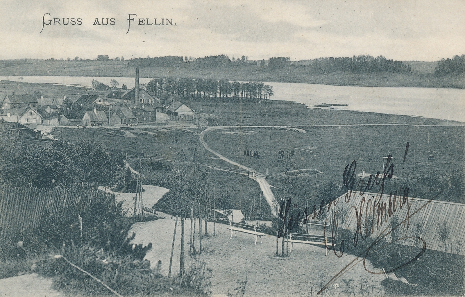 trükipostkaart Viljandi, vaade Trepimäelt järvele ümbrusega, auruveski u 1905
