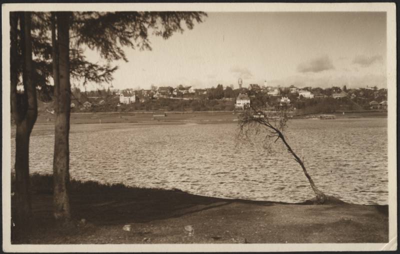 fotopostkaart, Viljandi, vastaskallas, järv, elamud mäeveerul, u 1932, foto T. Parri (Viljandi)