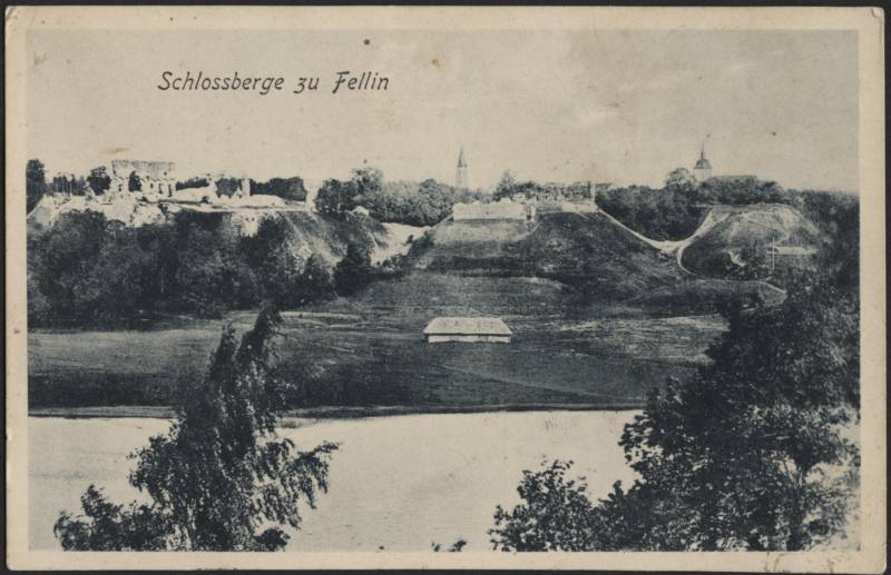trükipostkaart, Viljandi, järv, järveäärne heinamaa, küün, lossimäed, u 1905