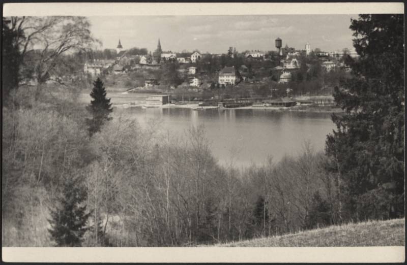 fotopostkaart, Viljandi, vastaskallas, puud, järv, rand, mäeveerul linna majad, u 1965