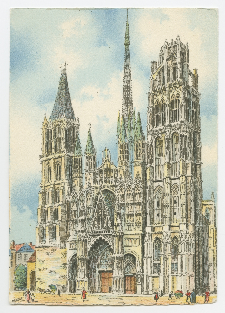 Joonistatud postkaart. Prantsusmaa, Normandia, Rouen. Vaade katedraalile