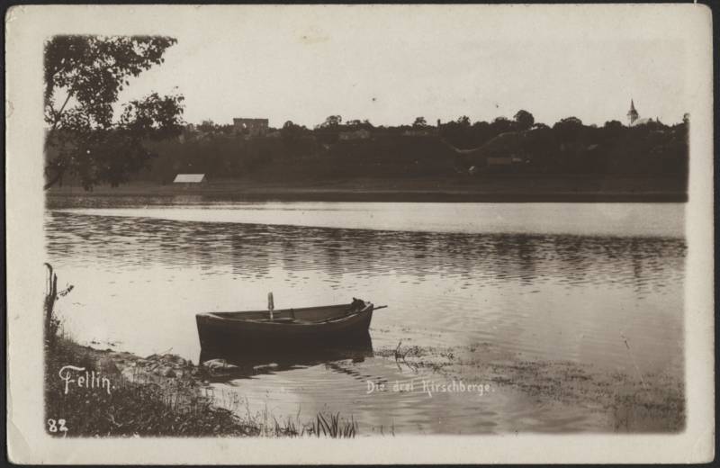 trükipostkaart, Viljandi, järv, paat, lossimäed, majad, u 1909