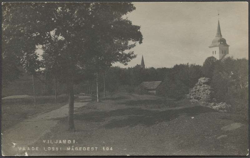 fotopostkaart, Viljandi, Pauluse kirik I Kirsimäe poolt, Jaani kirik, u 1910, foto J. Riet
