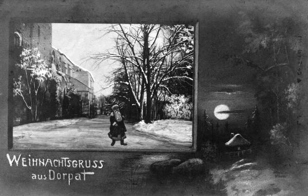 Jõulukaart: Weihnachtsgruss aus Dorpat, 1911.
(pildil: jõuluvana toomkiriku ees)