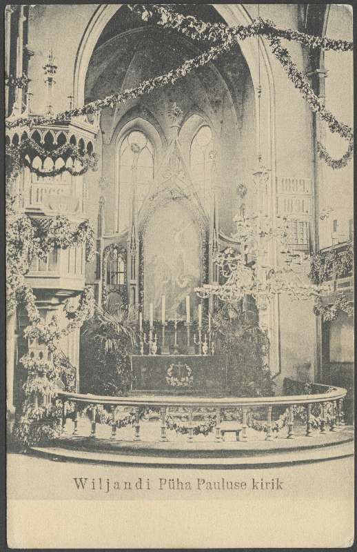 trükipostkaart, Viljandi, Pauluse kirik, sisevaade, vanikud, u 1915, kirjastus H. Leoke (Wiljandi)