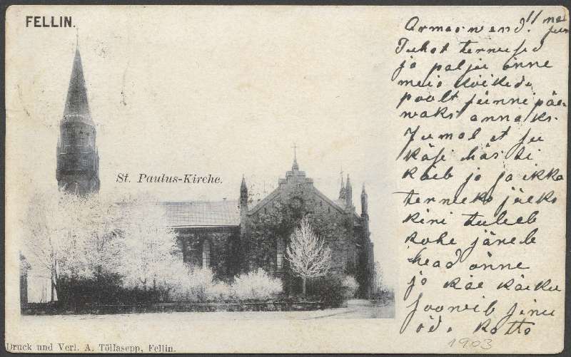 trükipostkaart, Viljandi, Pauluse kirik Vaksali teelt, talv, 1903, kirjastus A. Tõllasepp, foto J. Riet