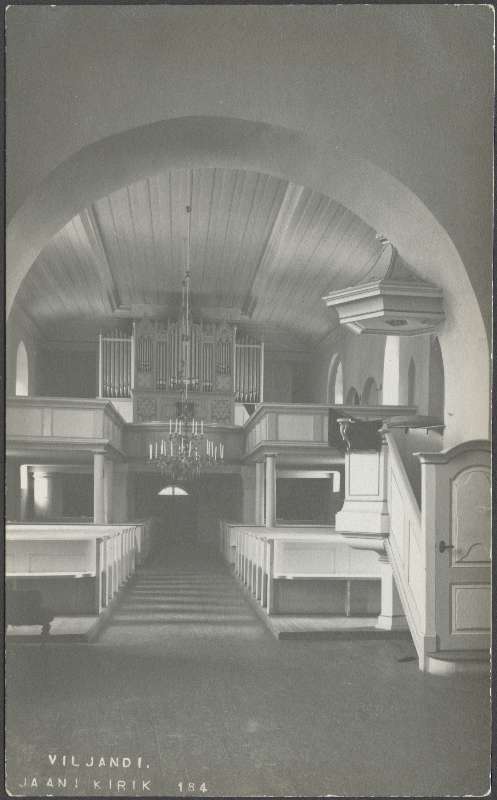 fotopostkaart, Viljandi, Jaani kirik, sisevaade, orel, pingid, 1913, Lichtbild von J. Riet