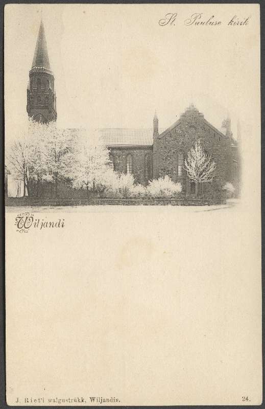 trükipostkaart, Viljandi, Pauluse kirik Vaksali tee poolt, u 1905, J. Riet Walgustrükk (Wiljandi)