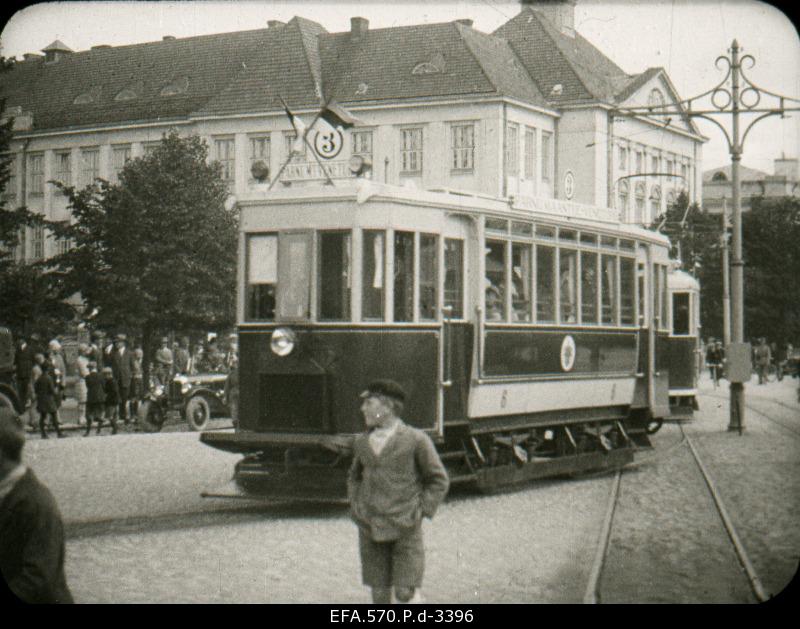 Celebration of the 40th anniversary of the establishment of Hoburaudtee (so-called conca). Electric tram on Pärnu highway.