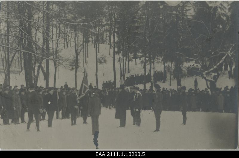 Scouts and gades keep a parade [on the anniversary of the Republic in Tartu?]