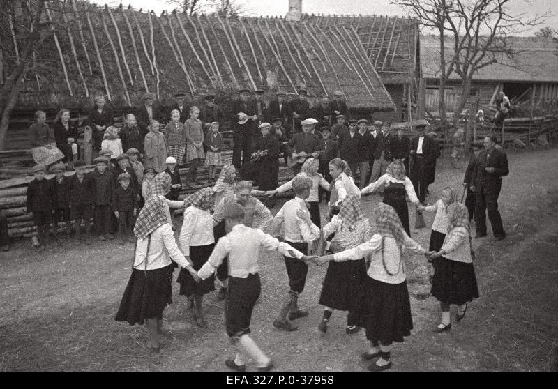 Young people in the Sviby village of Vorms Island dance in Swedish folk dance.