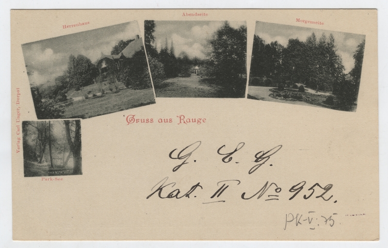 Postkaart Rõuge mõisa ja mõisapargi vaadetega.